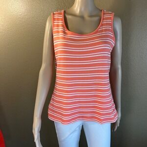 Kim Rogers Womens Coral Orange White Striped Cotton Tank Top Scoop Neck Small